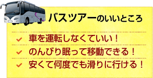 バスツアーのいいところ 車を運転しなくていい！ のんびり眠って移動できる！ 安くて何度でも滑りに行ける！