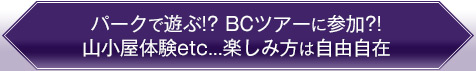 パークで遊ぶ!? BCツアーに参加?!
山小屋体験etc...楽しみ方は自由自在