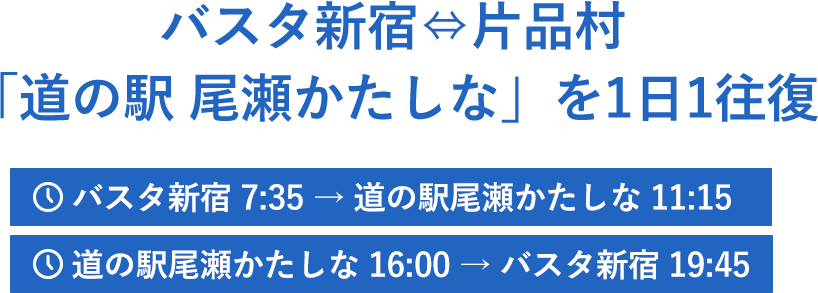 バスタ新宿⇔片品村「道の駅 尾瀬かたしな」を1日1往復 バスタ新宿 7:35 → 道の駅尾瀬かたしな 11:15
道の駅尾瀬かたしな 16:00 → バスタ新宿 19:45