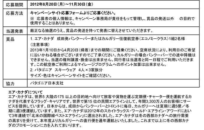 パタゴニア日本支社　エア・カナダ　２０１２冬のキャンペーンに協力