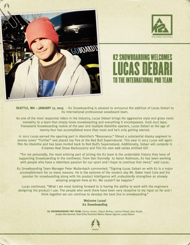 Lucus Debariが K2 Snowboarding インターナショナルプロチームへ