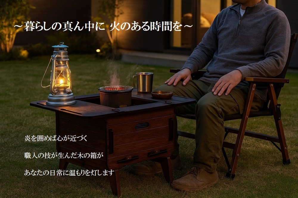 伝統工芸×アウトドアの囲炉裏テーブル「炎技箱」が発売開始