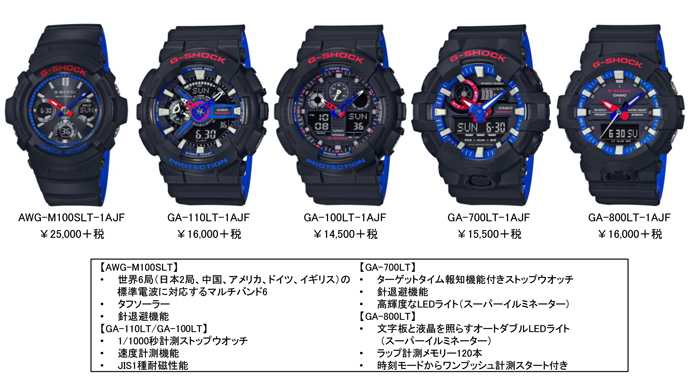 "G-SHOCK" ブラックフェイスにレッド×ブルー×ホワイトが手元で映える5モデルがラインアップ