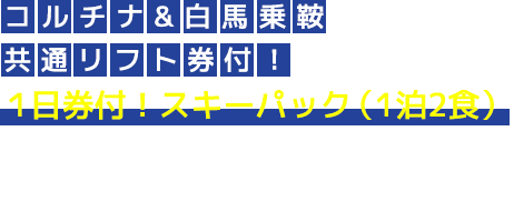 コルチナ＆白馬乗鞍共通リフト券付！ １日券付！スキーパック（1泊2食） 白馬コルチナ・白馬乗鞍温泉スキー場共通リフト1日券がついたお得な宿泊プランです。