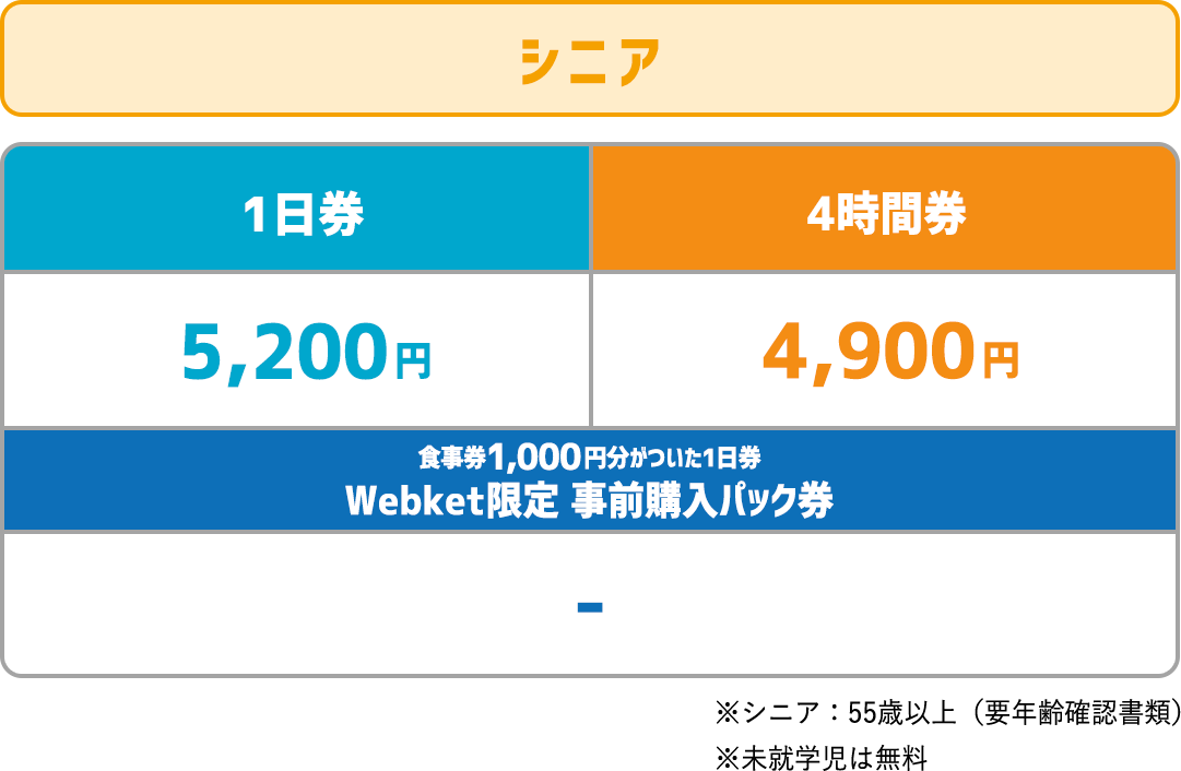 シニア 1日券5,200円 4時間券4,900円 食事券1,000円分がついた1日券 Webket限定 事前購入パック券-