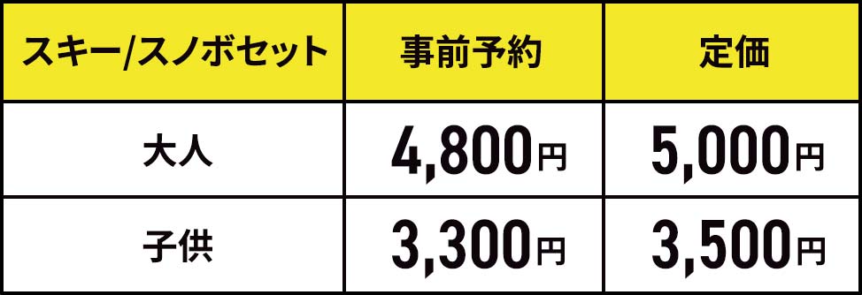 スキー/ボードセット事前予約 大人 4,800円 子ども 3,300円 定価 大人 5,000円 子ども 3,500円