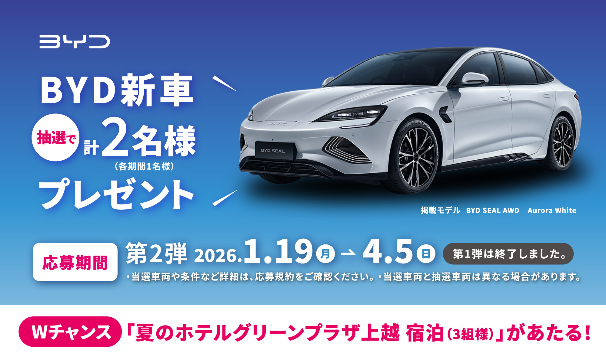 なんと！今シーズンは車が2台当たる！！ スペシャルプレゼントキャンペーン BYD新車 抽選で計2名様（各期間1名様）プレゼント 応募期間 第1弾 2025.11.1(土)→2026.1.18日(日) 第2弾 2026.1.19日(月)→2026.4.5(日)当選車両は乞うご期待 当選車両や条件など詳細は、応募規約をご確認ください。 Wチャンス「夏のホテルグリーンプラザ上越 宿泊（3組様）」があたる！ 第1弾は「BYD ATTO 3 Ski White」をプレゼント！