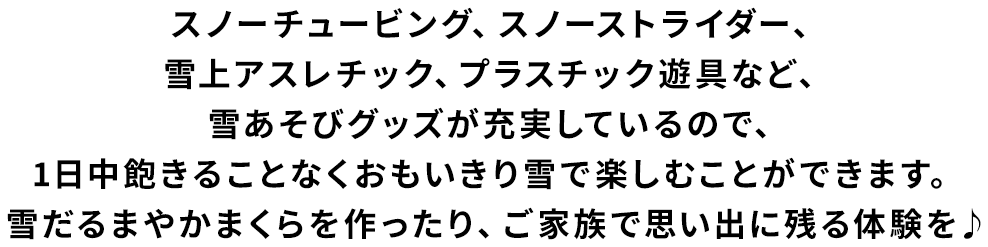 スノーチュービング、スノーストライダー、雪上アスレチック、プラスチック遊具など、雪あそびグッズが充実しているので、1日中飽きることなくおもいきり雪で楽しむことができます。雪だるまやかまくらを作ったり、ご家族で思い出に残る体験を♪